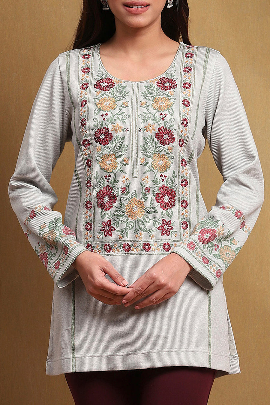 Grey Printed Winter wear Straight Short Kurta K60