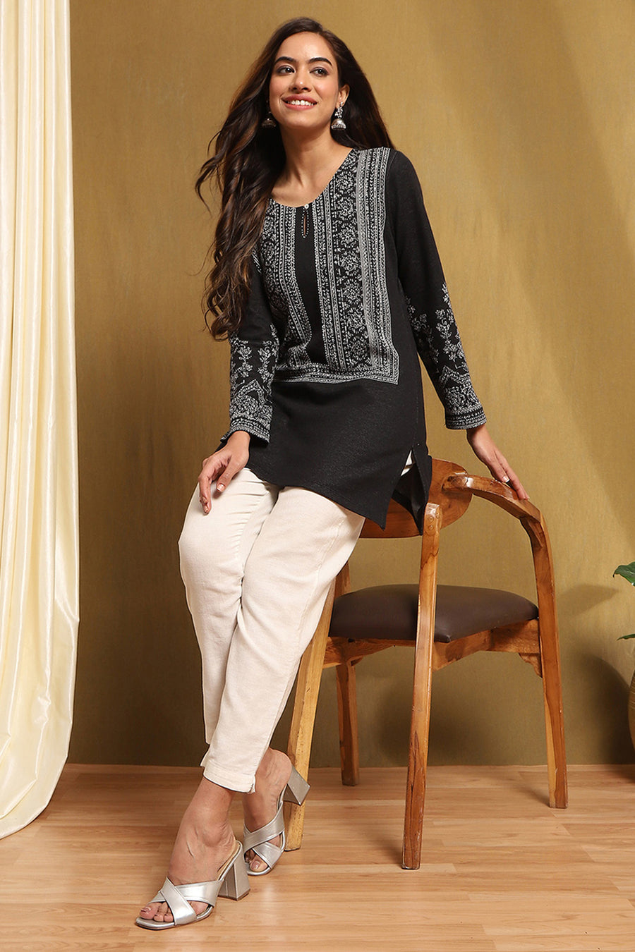 Black Polyester Straight Short Kurti K60