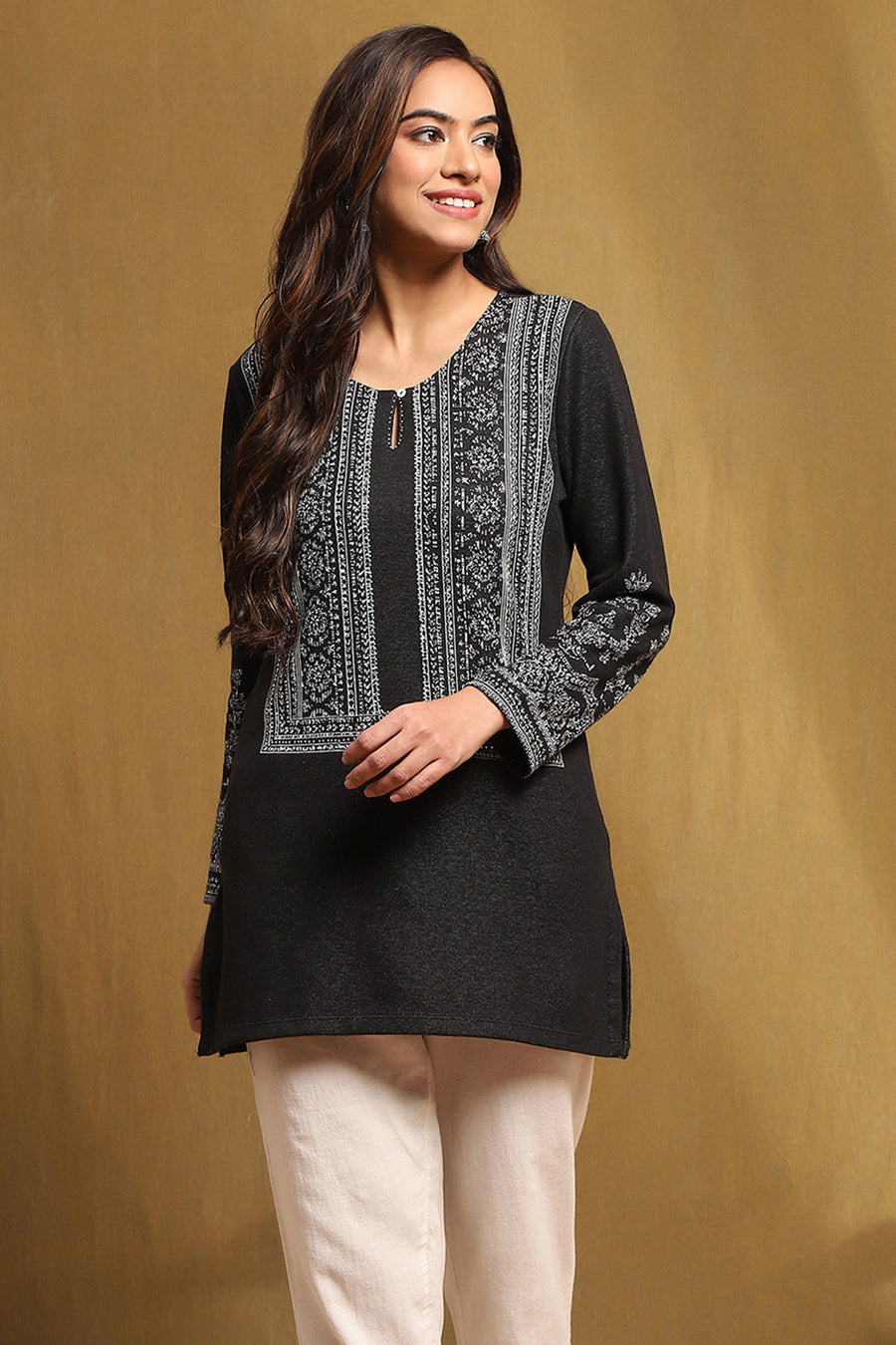 Black Polyester Straight Short Kurti K60