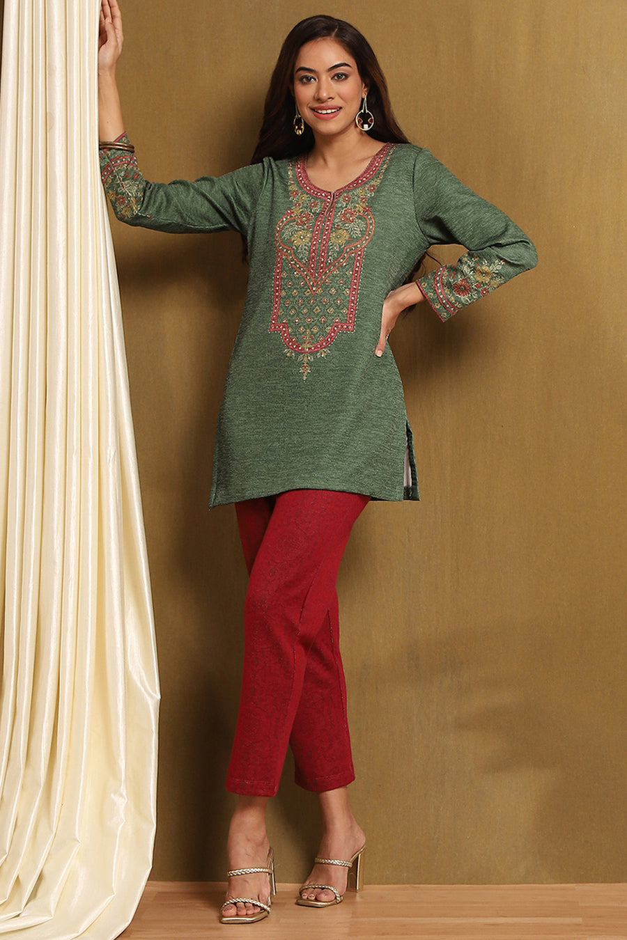 Green Polyester Straight Short Kurti K60
