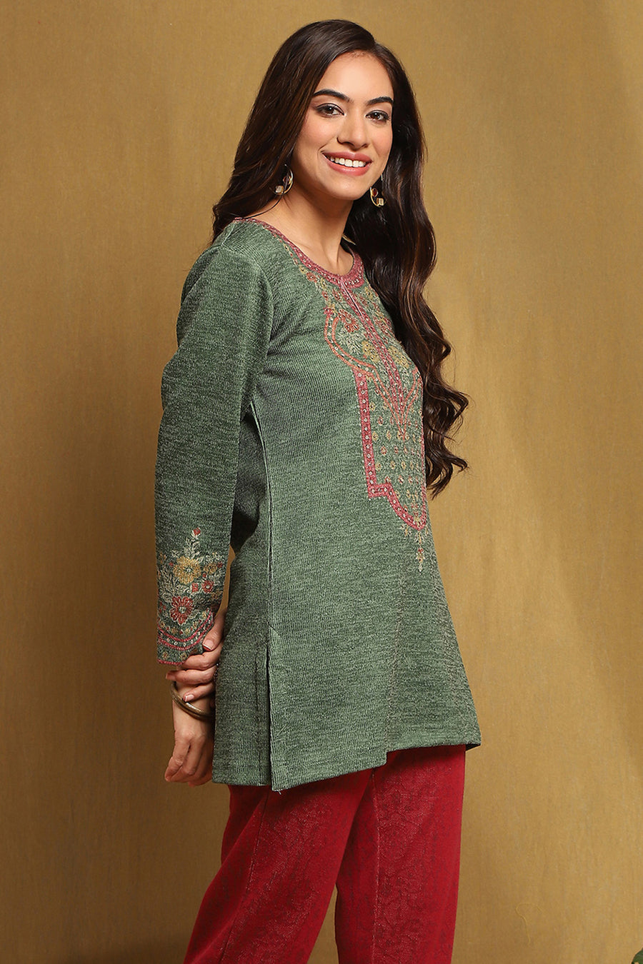 Green Polyester Straight Short Kurti K60