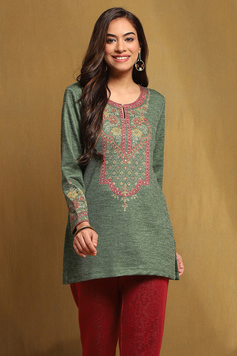 Green Polyester Straight Short Kurti K60