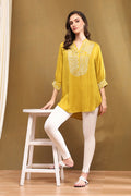 Mustard Yellow Liva Thread Work Straight Kurti K60