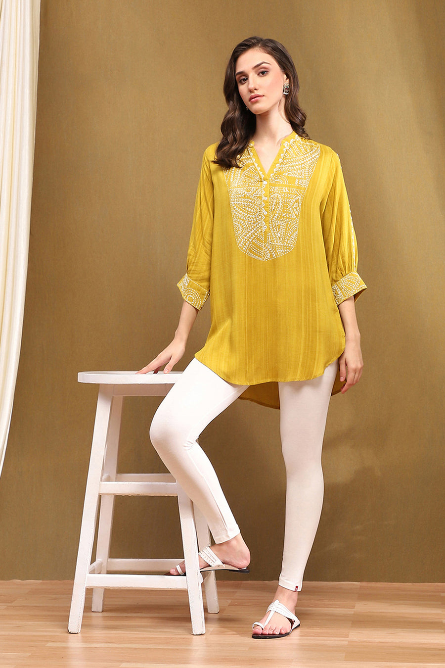 Mustard Yellow Liva Thread Work Straight Kurti K60