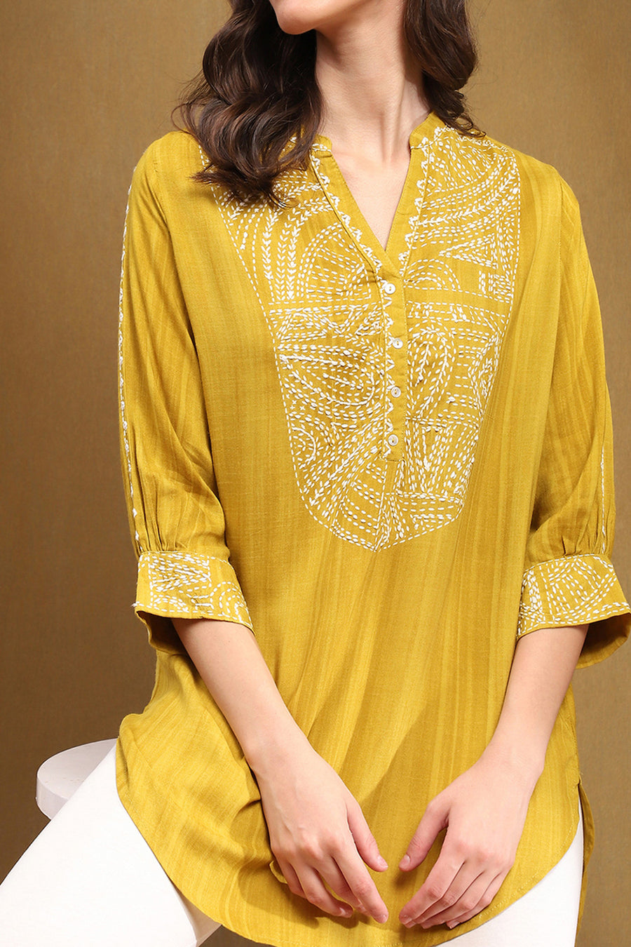 Mustard Yellow Liva Thread Work Straight Kurti K60