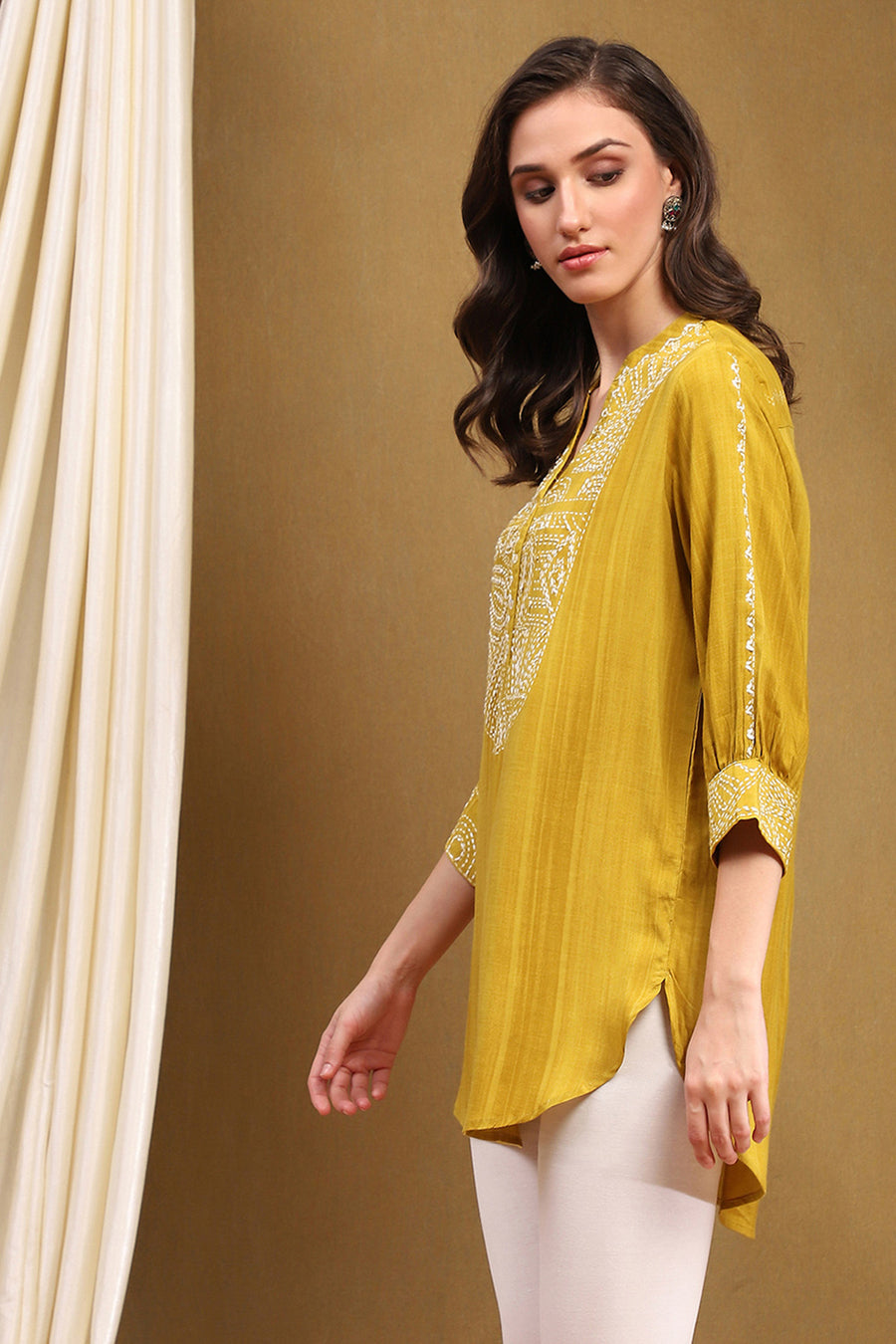 Mustard Yellow Liva Thread Work Straight Kurti K60