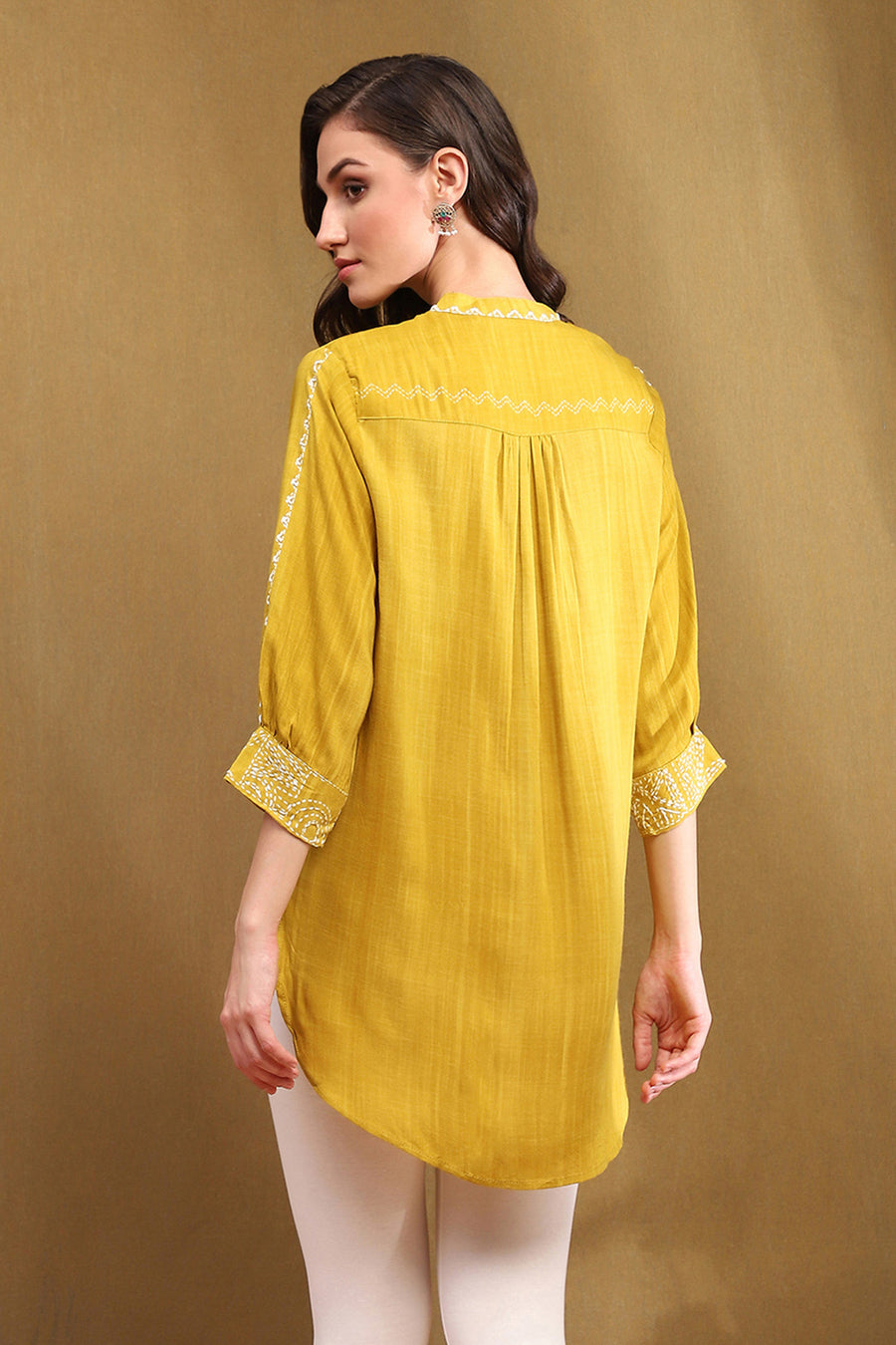 Mustard Yellow Liva Thread Work Straight Kurti K60