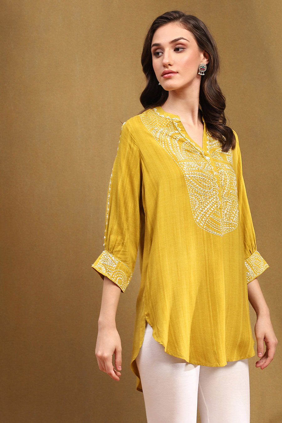 Mustard Yellow Liva Thread Work Straight Kurti K60