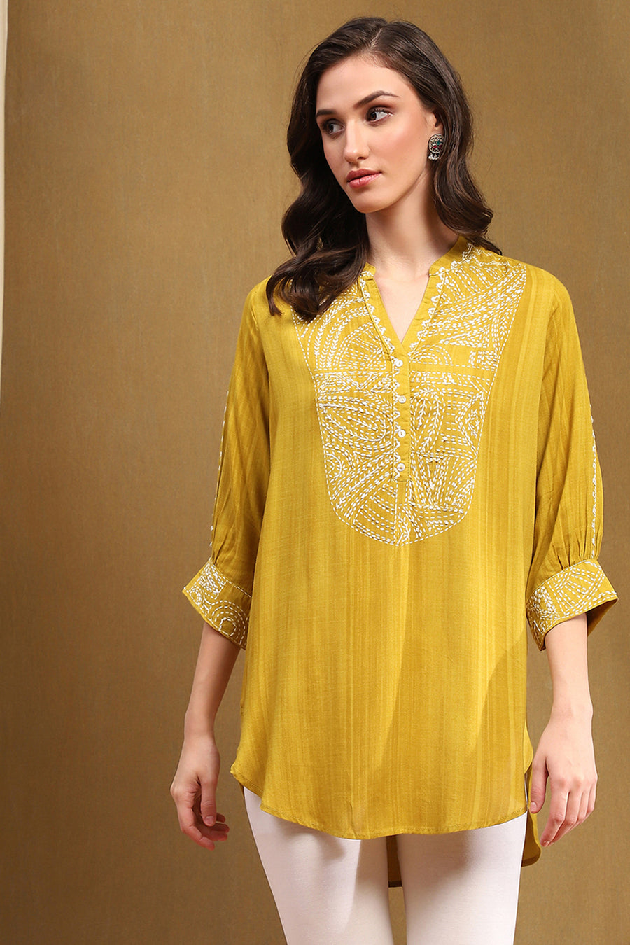 Mustard Yellow Liva Thread Work Straight Kurti K60
