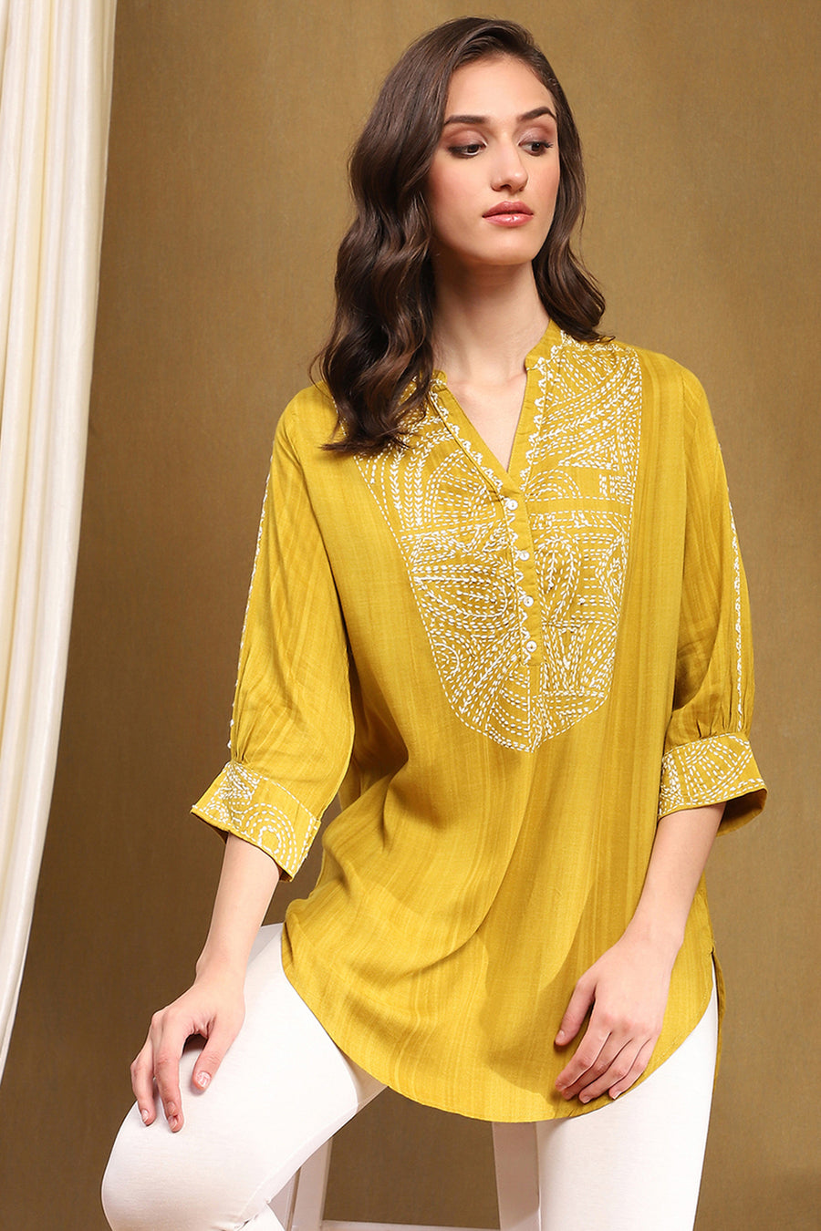 Mustard Yellow Liva Thread Work Straight Kurti K60