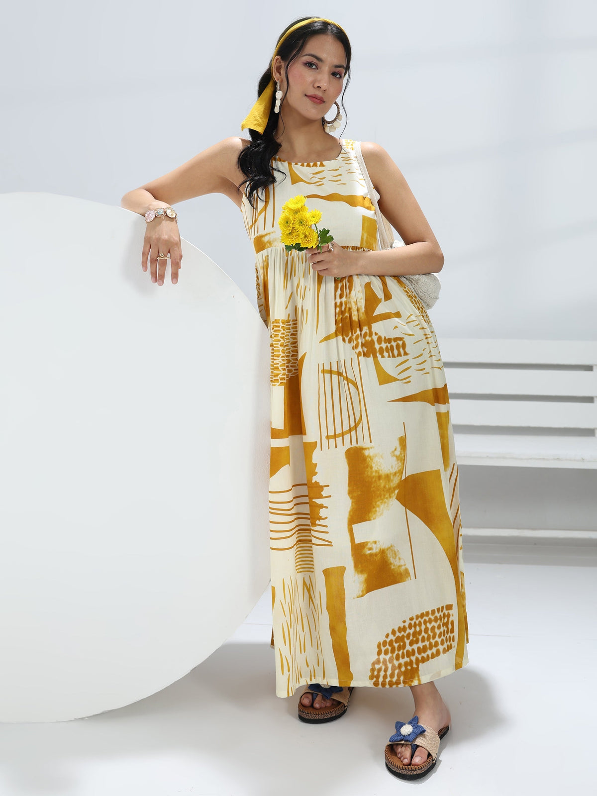 Libas Yellow Abstract Printed Cotton A-Line One-Piece Dress