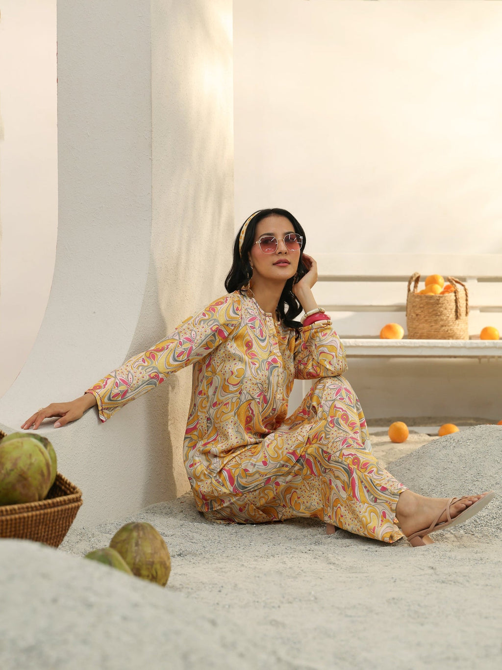 Libas Yellow Abstract Printed Silk Blend Co-Ord Set CO87