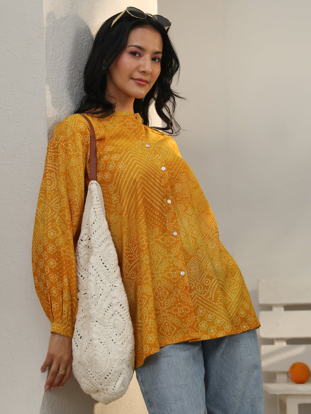 Libas Yellow Bandhani Printed Silk Blend Shirt