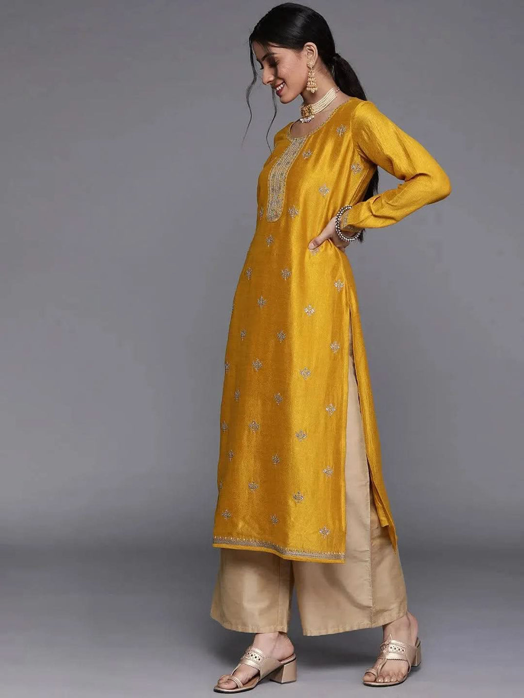 Libas Yellow Embellished Silk Kurta
