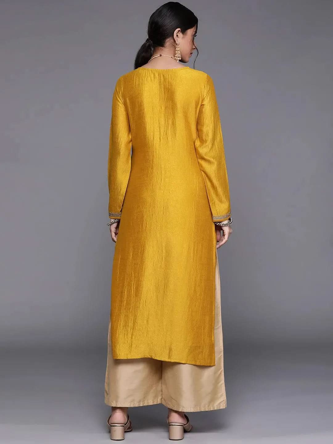 Libas Yellow Embellished Silk Kurta