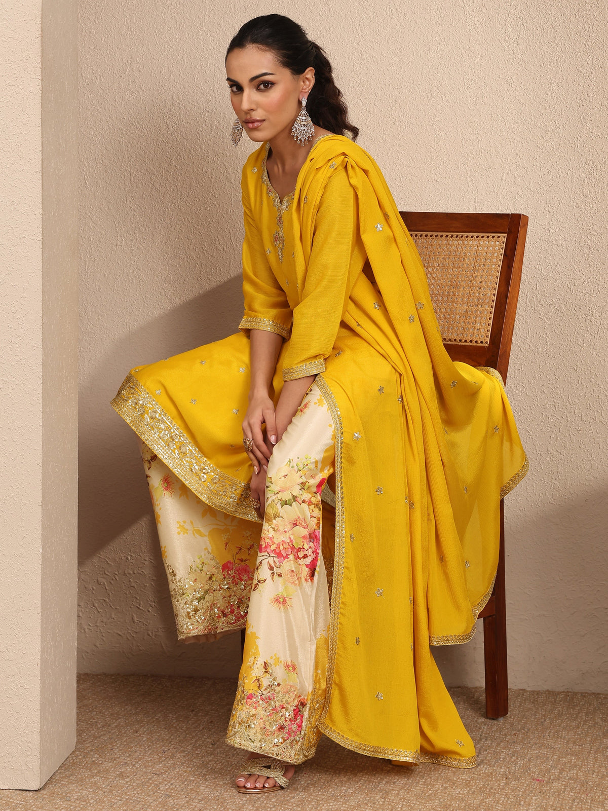 Libas Deepika Yellow Embroidered Chinon Straight Suit Set With Dupatta