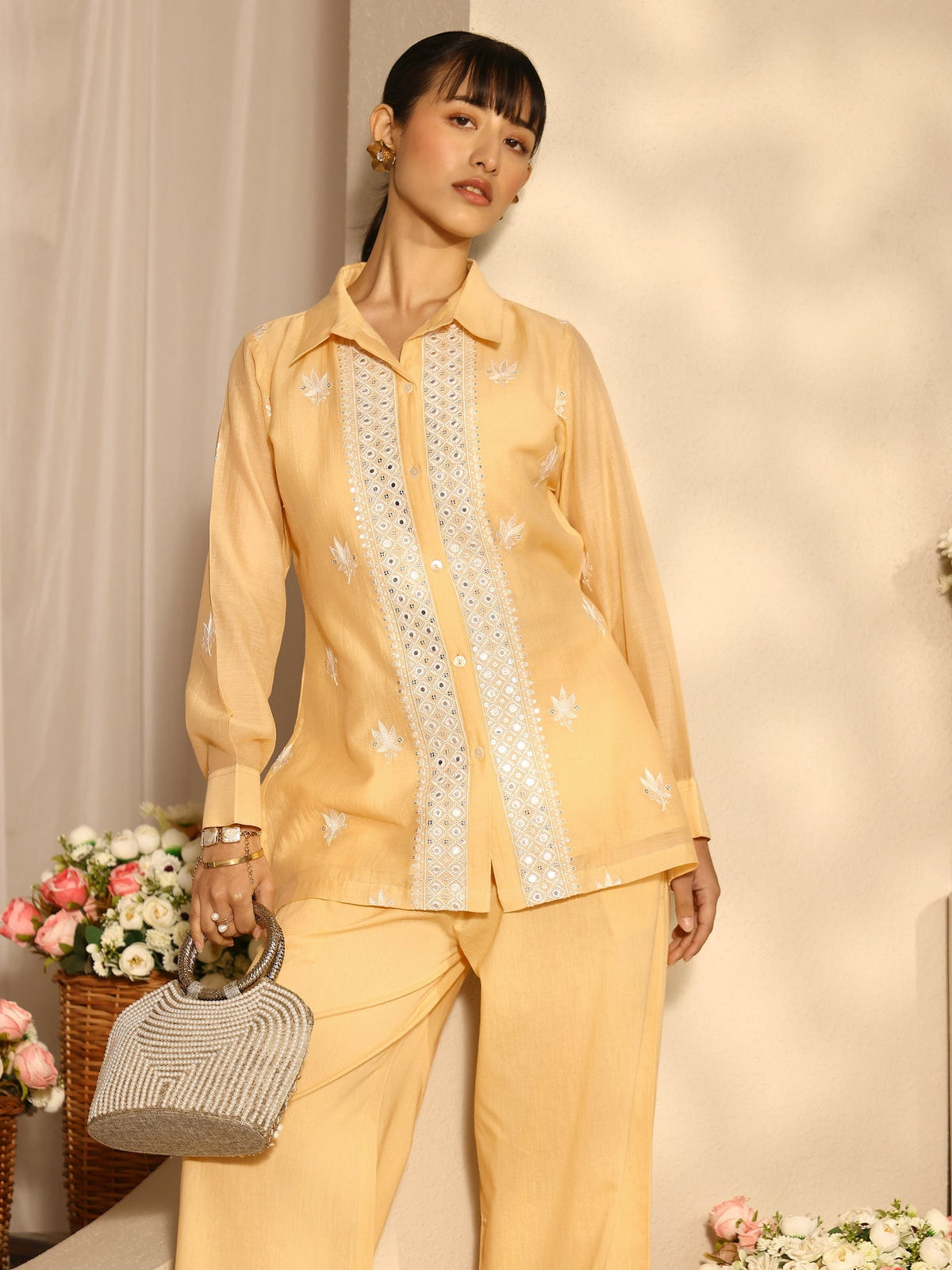 Libas Yellow Floral Embroidered Chanderi Silk Co-Ord Set CO87