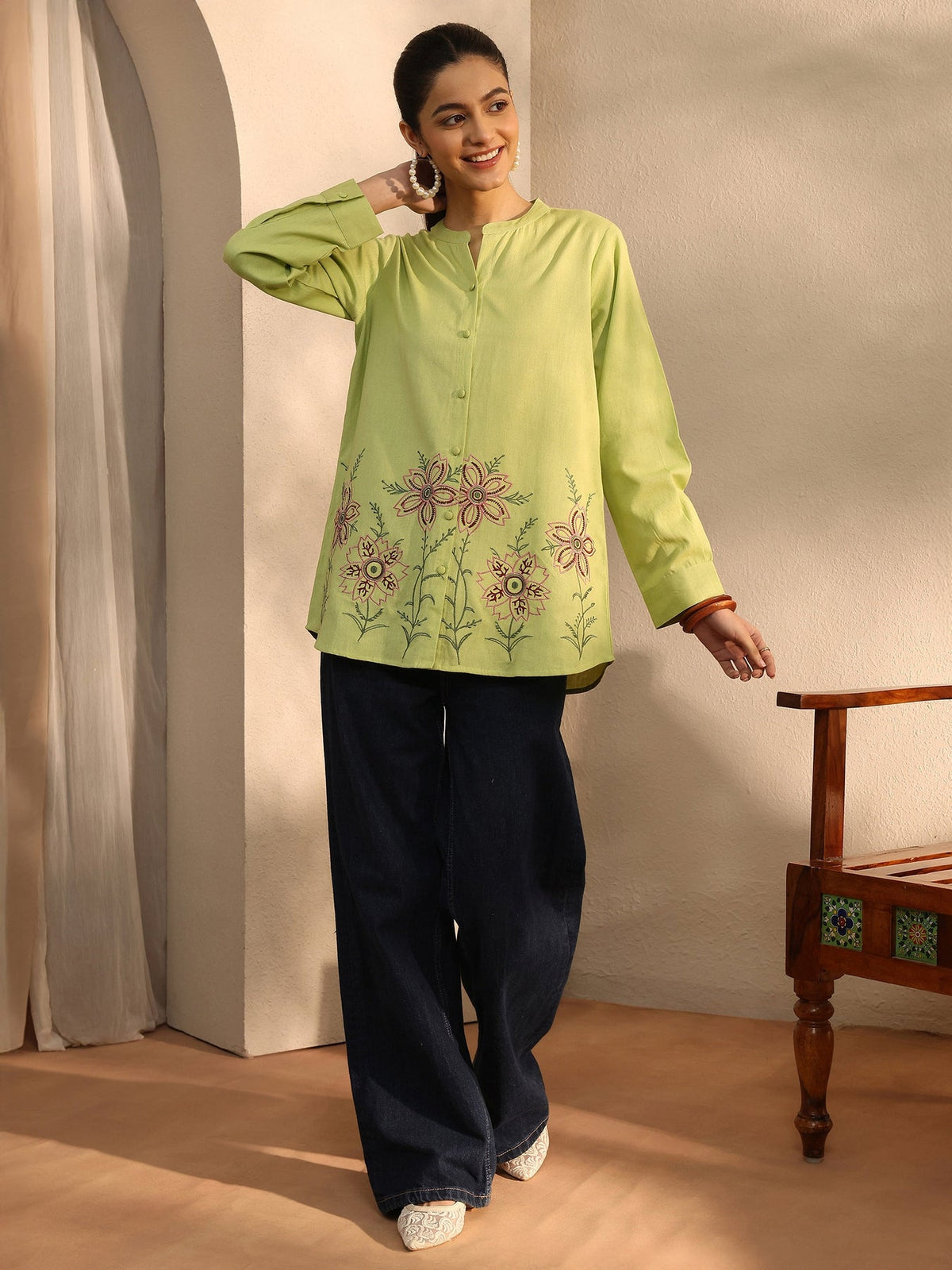Libas Yellow Floral Embroidered Linen Shirt K60