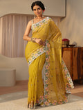 Libas Yellow Floral Embroidered Tissue Saree