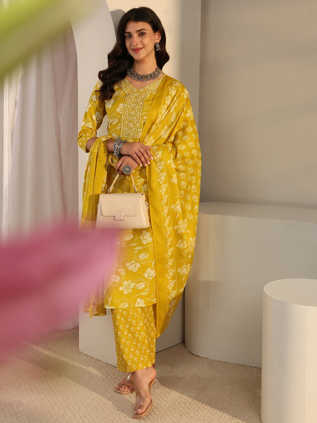 Gerua Yellow Floral Printed Cotton Blend Straight Suit Set With Dupatta