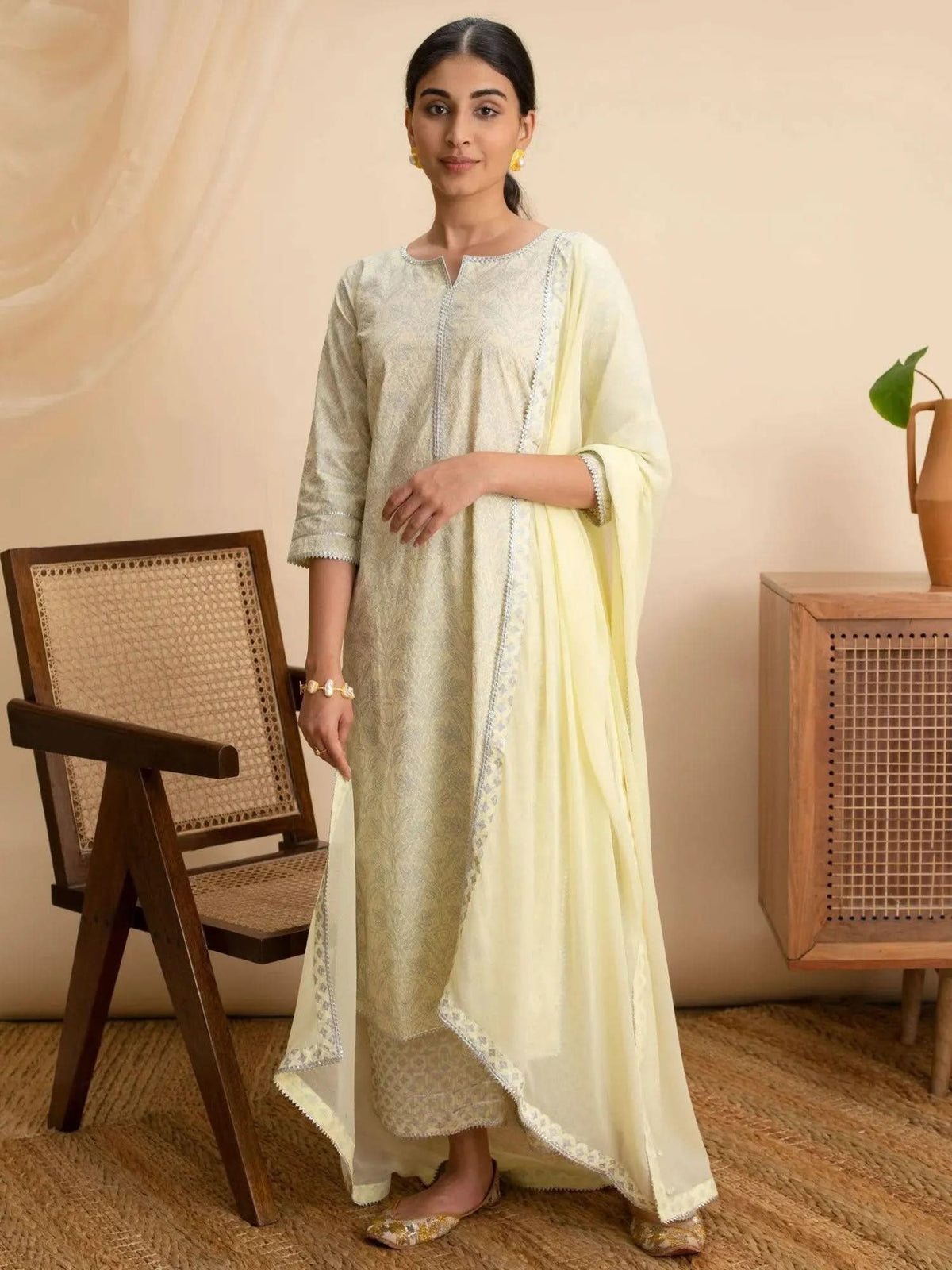 Libas Yellow Printed Cotton Straight Kurta With Palazzos & Dupatta