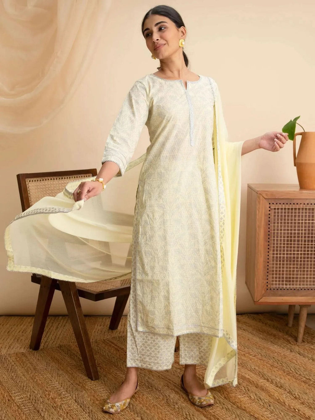 Libas Yellow Printed Cotton Straight Kurta With Palazzos & Dupatta