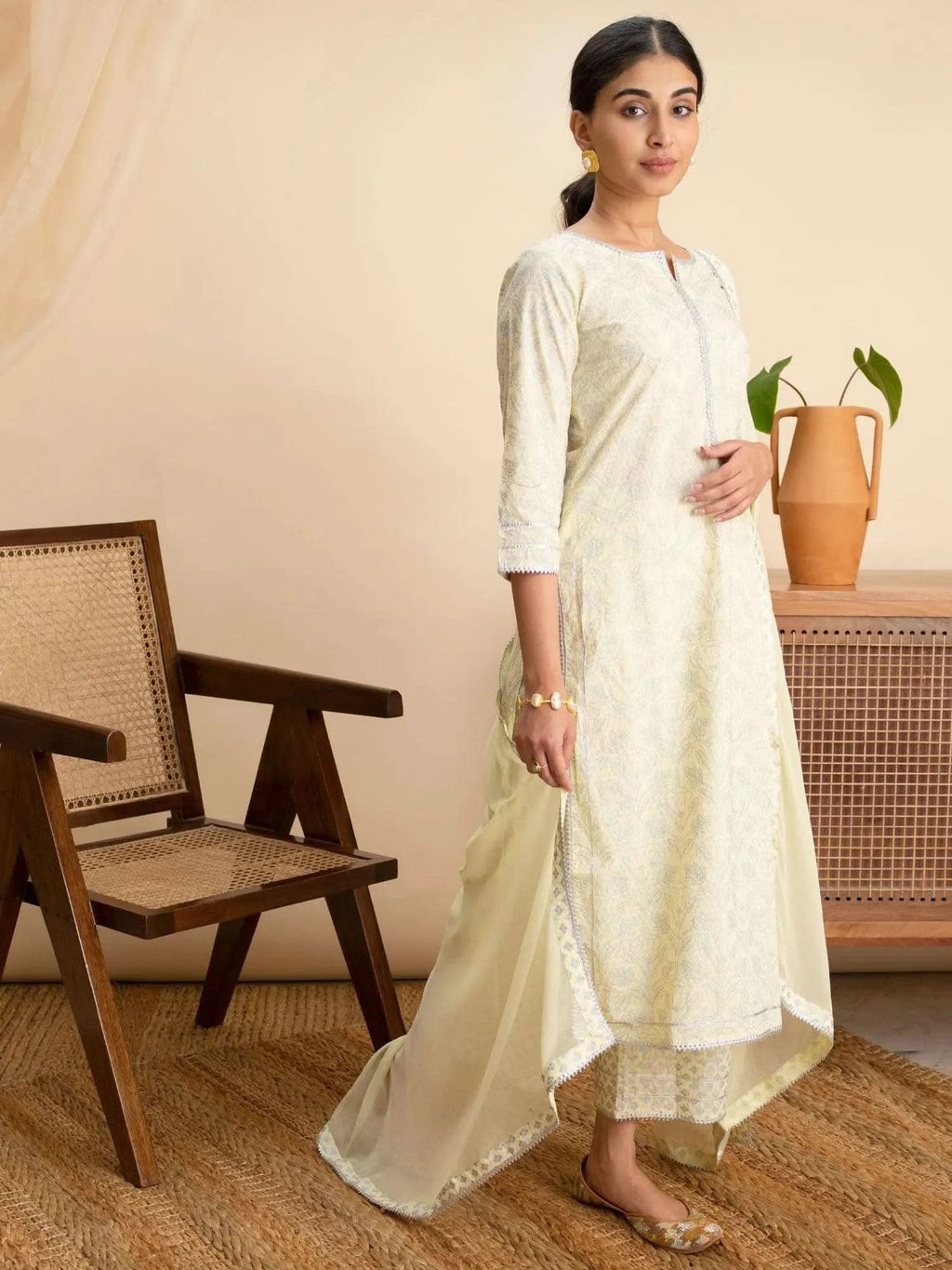 Libas Yellow Printed Cotton Straight Kurta With Palazzos & Dupatta