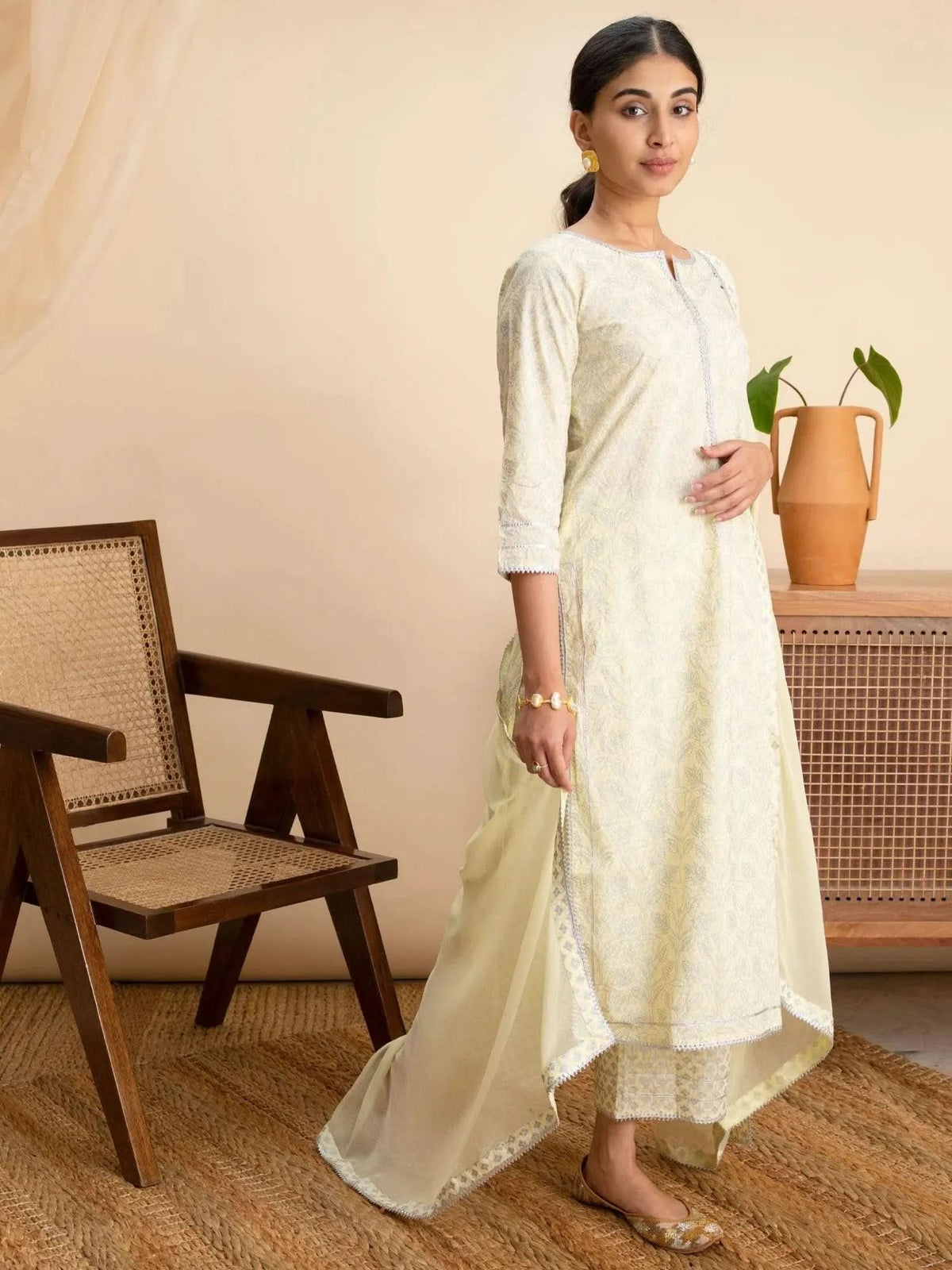Libas Yellow Printed Cotton Straight Kurta With Palazzos & Dupatta