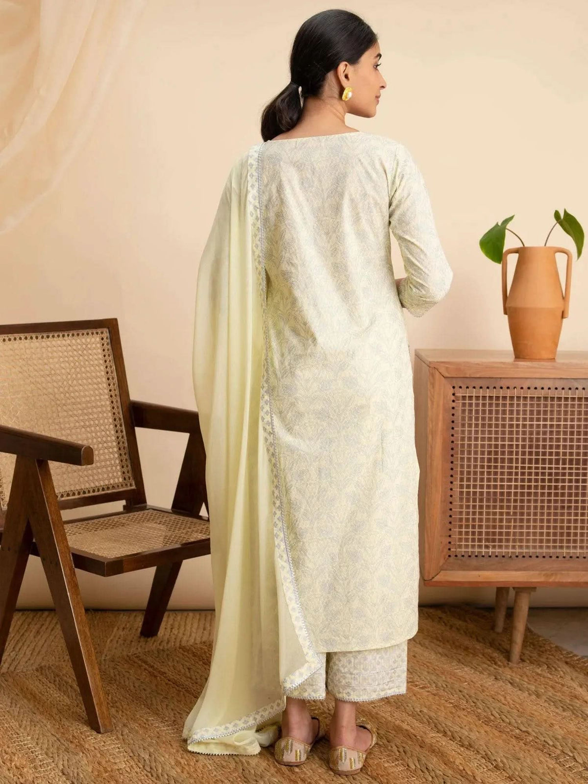 Libas Yellow Printed Cotton Straight Kurta With Palazzos & Dupatta