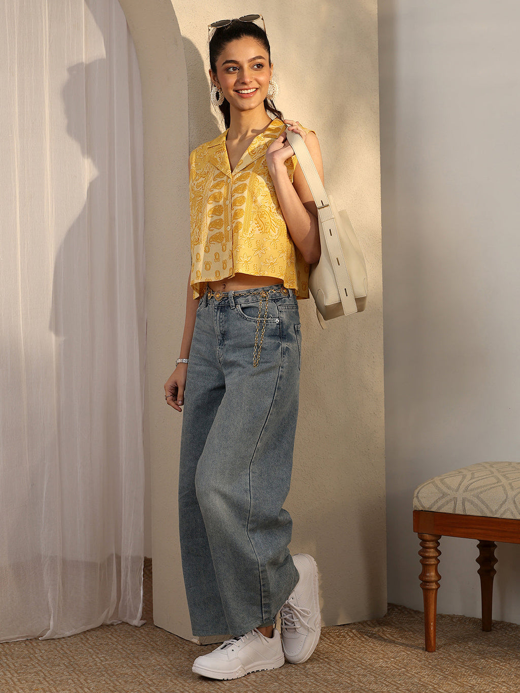 Libas Yellow Printed Cotton Straight Short Kurti