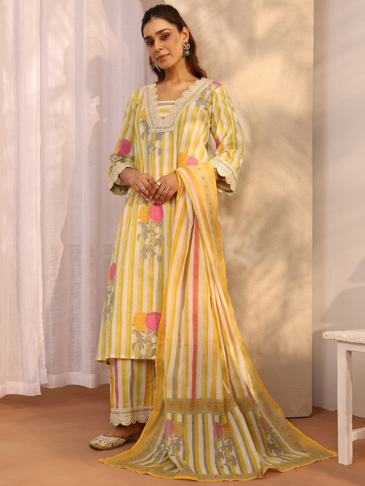 Libas Yellow Printed Cotton Straight Suit Set With Dupatta