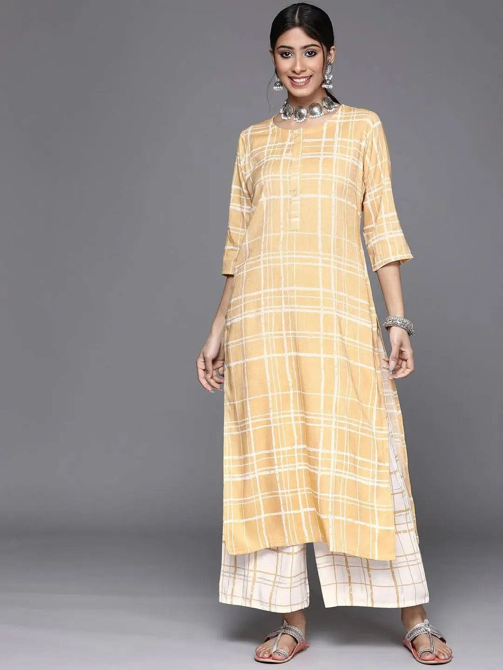 Gerua Yellow Printed Rayon Kurta