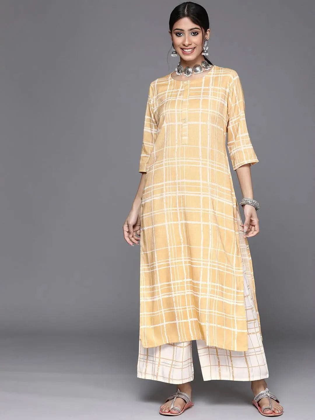 Gerua Yellow Printed Rayon Kurta