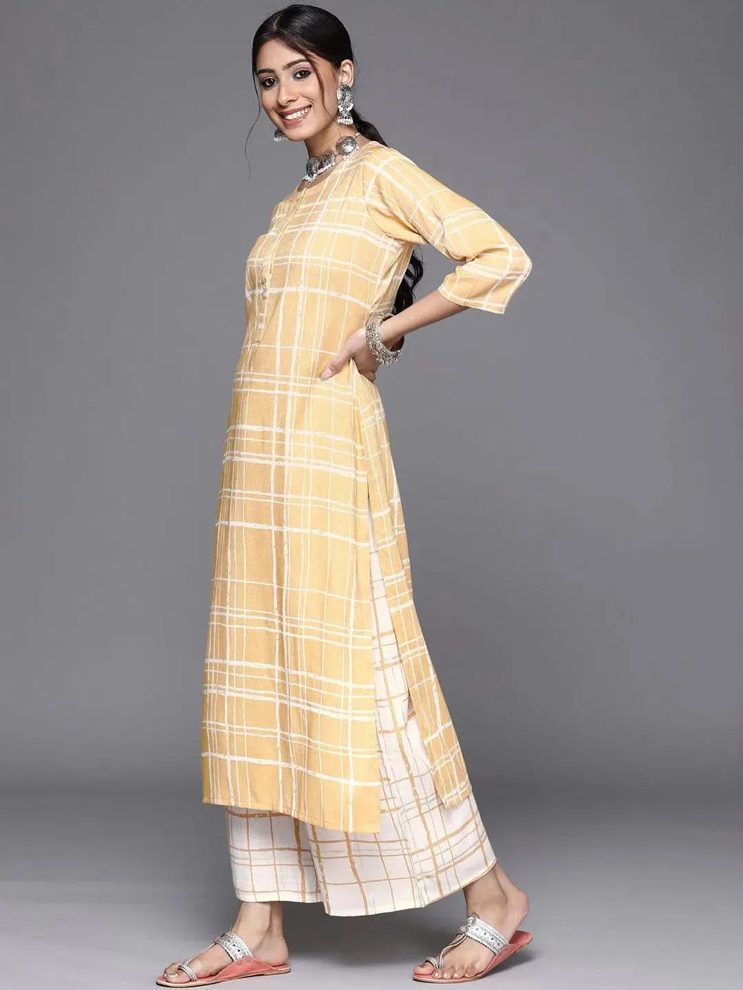 Gerua Yellow Printed Rayon Kurta