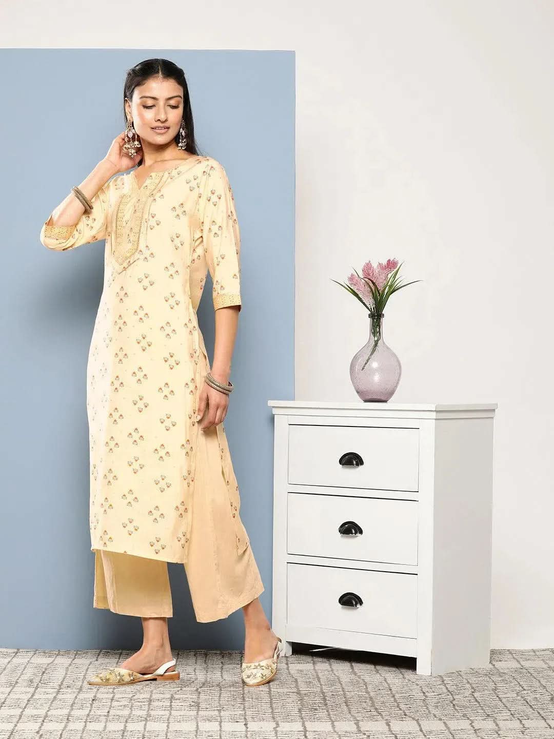 Gerua Yellow Printed Silk Straight Kurta