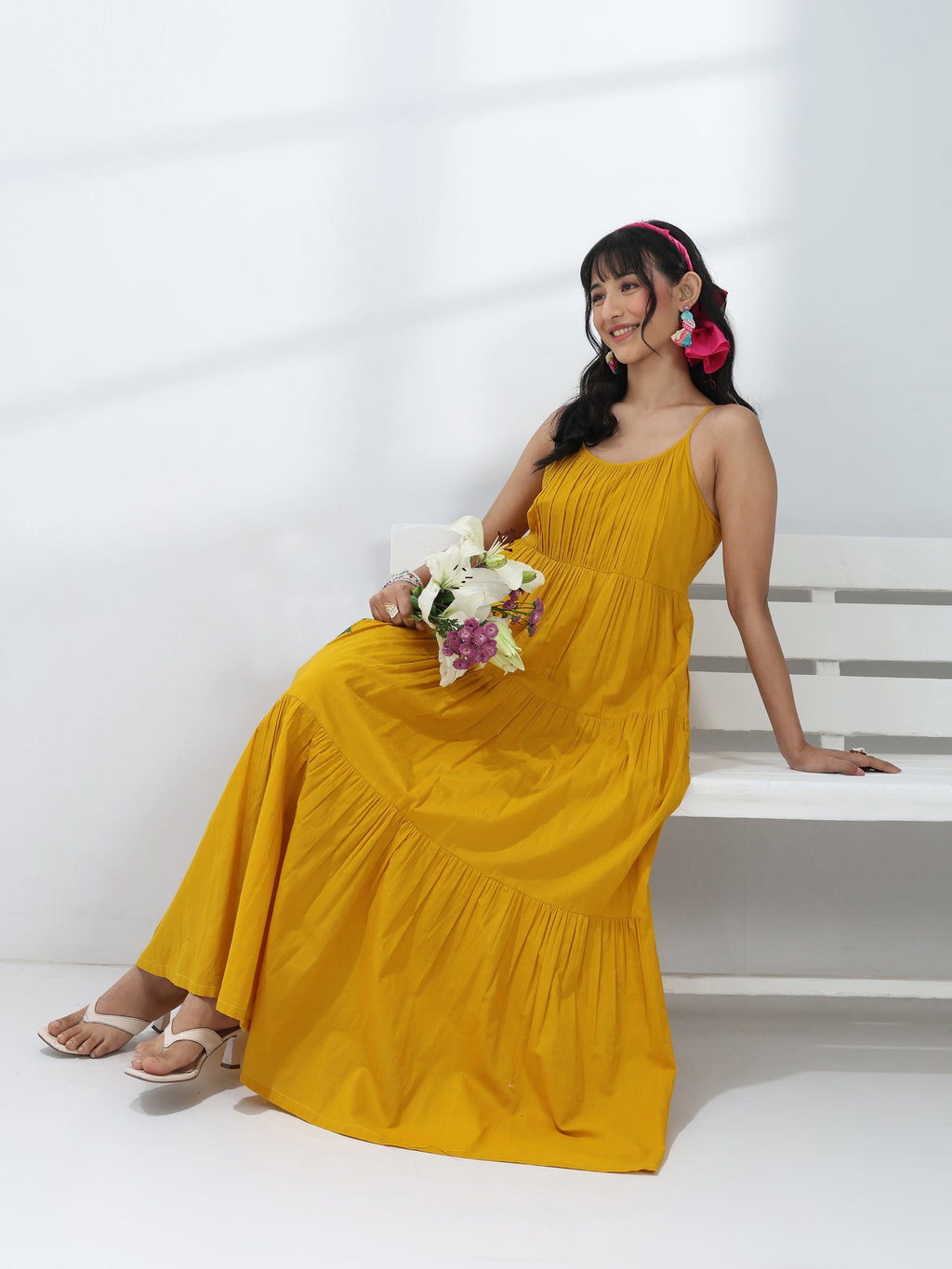 Libas Yellow Solid Cotton One-Piece Dress