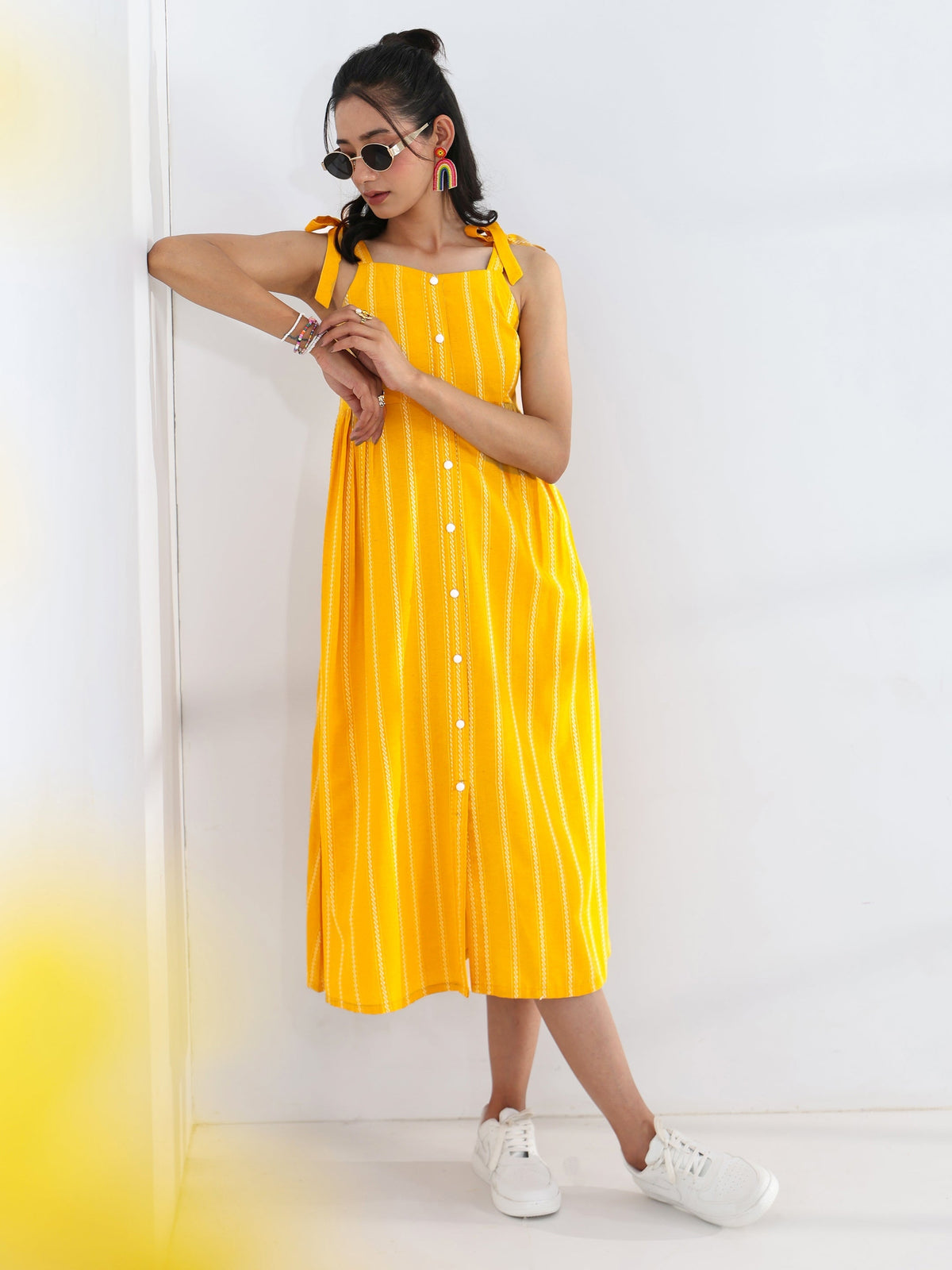 Gerua Yellow Striped Woven Design Cotton Blend A-Line One Piece Dress