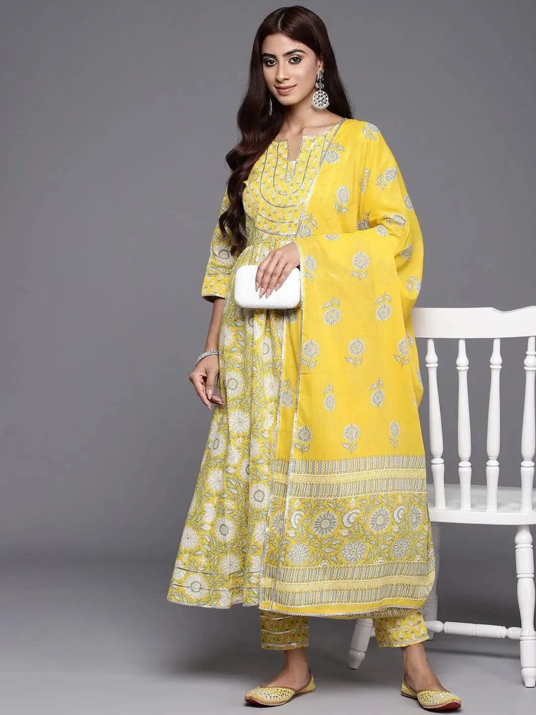Libas Yellow Yoke Design Cotton Anarkali Kurta With Trousers & Dupatta