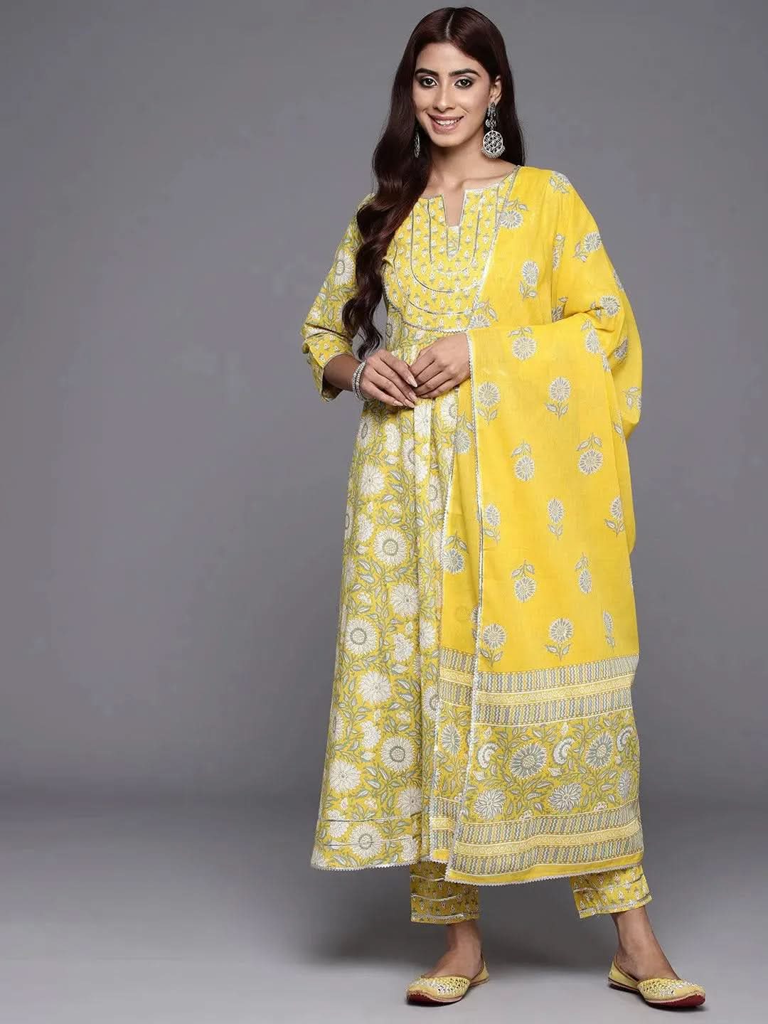 Libas Yellow Yoke Design Cotton Anarkali Kurta With Trousers & Dupatta