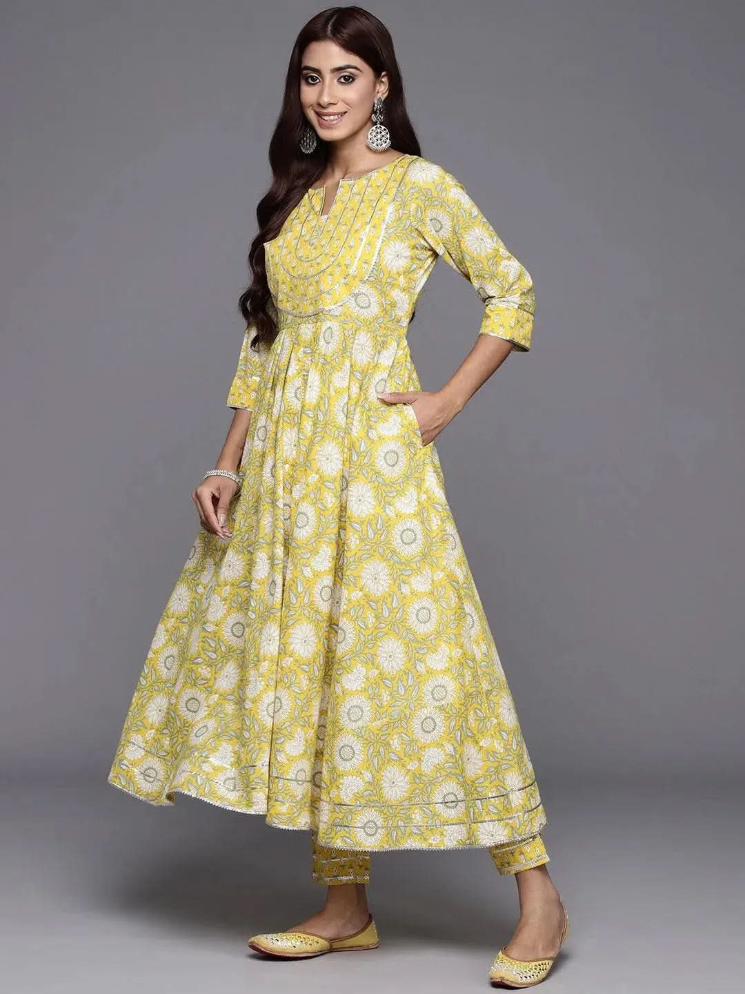 Libas Yellow Yoke Design Cotton Anarkali Kurta With Trousers & Dupatta