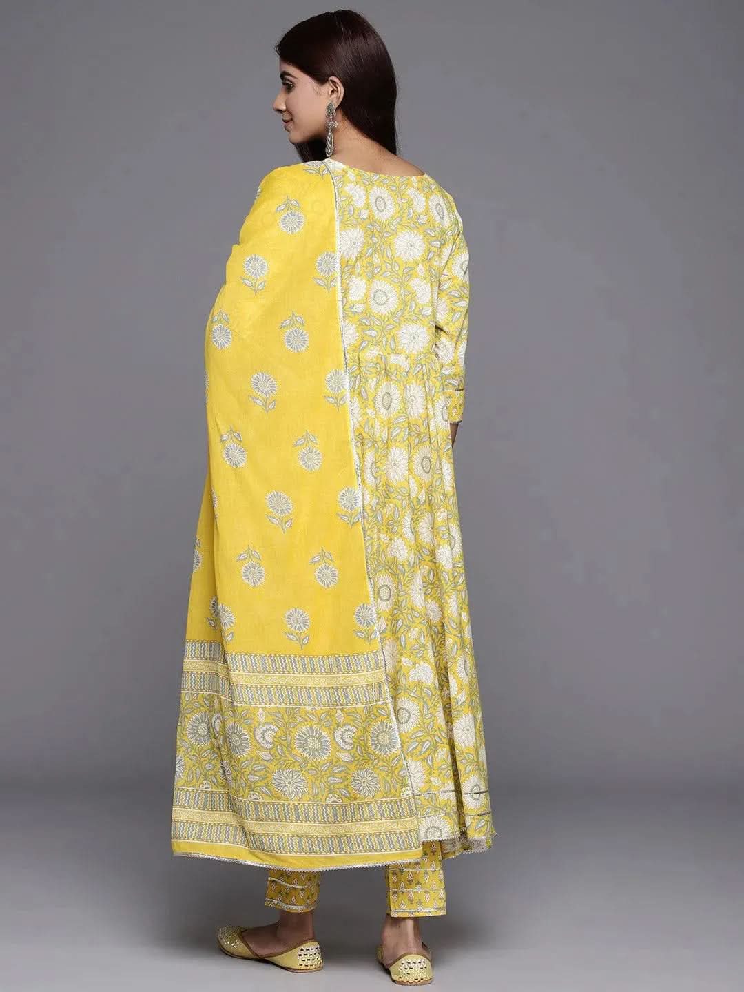 Libas Yellow Yoke Design Cotton Anarkali Kurta With Trousers & Dupatta