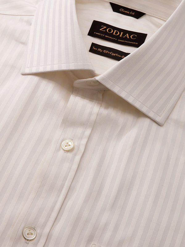 Bertolucci Cream Striped Full Sleeve Single Cuff Classic Fit Classic Formal Two Ply Mercerized Cotton Shirt